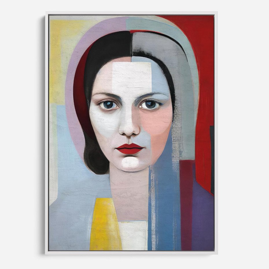 Obraz w ramie 50x70 - Kolorowe Granice Form - abstrakcyjny obraz olejny, portret twarzy kobiety - rama biała