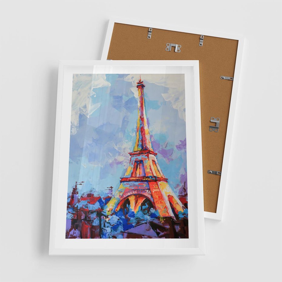 Plakat w ramie 50x70 - Paryska Wieża - olejny abstrakcyjny obraz, wieża eiffla - rama biała