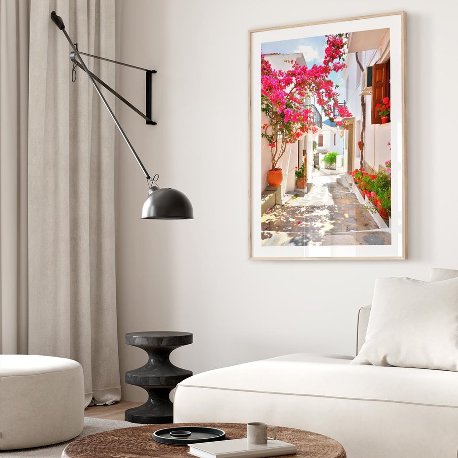 Plakat w ramie 40x50 - Kwiatowa uliczka wakacji - kwiaty, uliczka - rama drewno