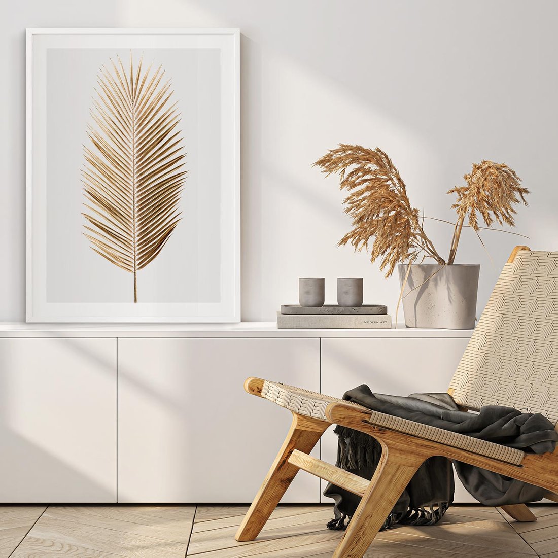 Plakat w ramie 50x70 - Złoty blask palmowego liścia - złota, palma - rama biała