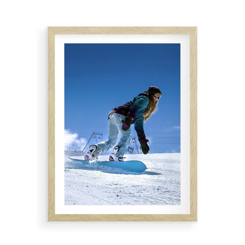 Plakat w ramie 50x70 - Snowboard na zimowych zboczach - snowboard, zima - rama drewno