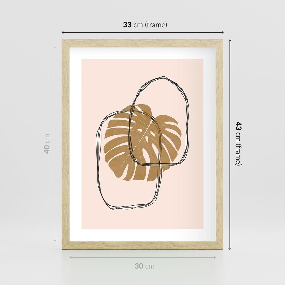 Plakat w ramie 30x40 - Liście w Beżowym Minimalizmie - minimalistyczny obraz, liście monstery - rama drewno