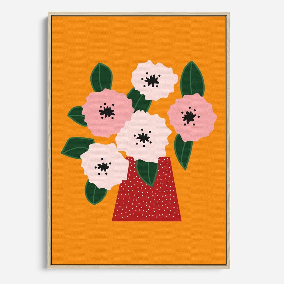 Obraz w ramie 50x70 - Harmonijne Granice - abstrakcyjne kwiaty, żółte tło - rama drewno