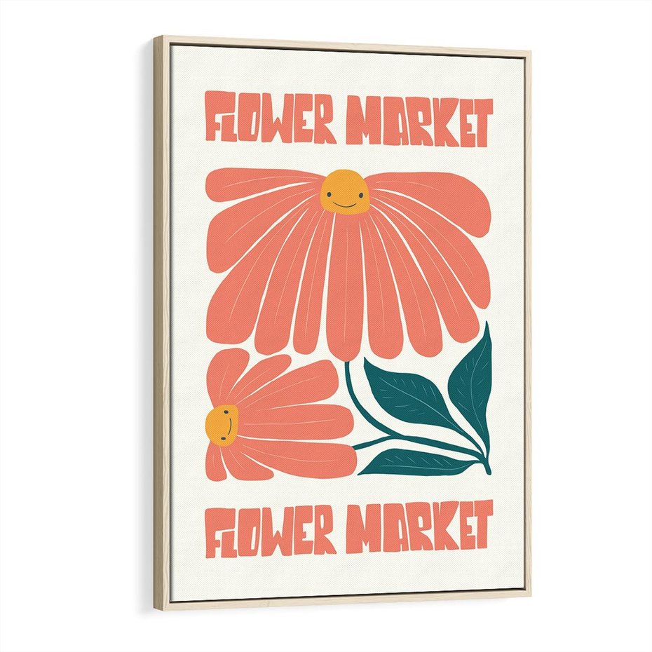 Obraz w ramie 80x120 - Retro Radość - typografia, wesołe kwiaty - rama drewno