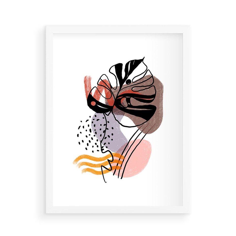 Plakat w ramie 50x70 - Wibracje Abstrakcyjnych Form - abstrakcyjna sztuka, liść monstery - rama biała