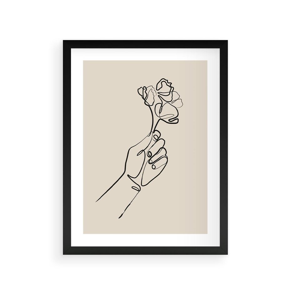 Plakat w ramie 30x40 - Szkic Kwiatu - kwiat w dłoni, szkic - rama czarna