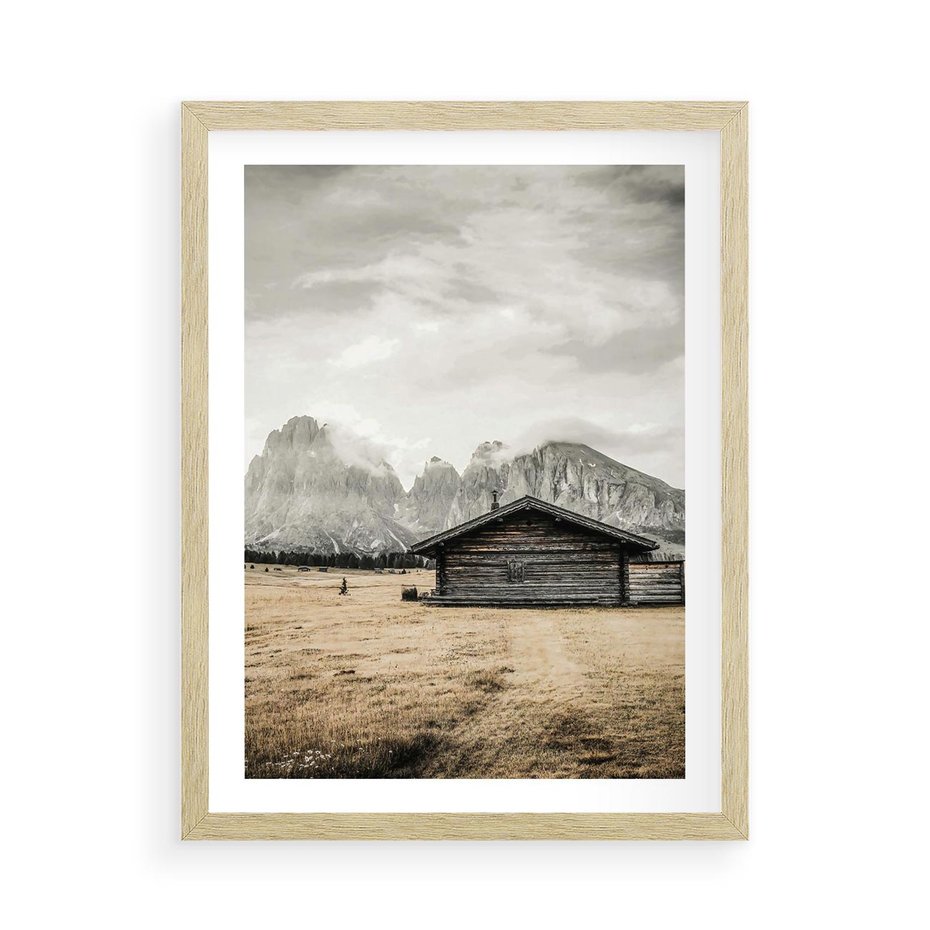Plakat w ramie 50x70 - Surowa Przestrzeń i Górski Ustronny Azyl - chatka w górach, góry - rama drewno
