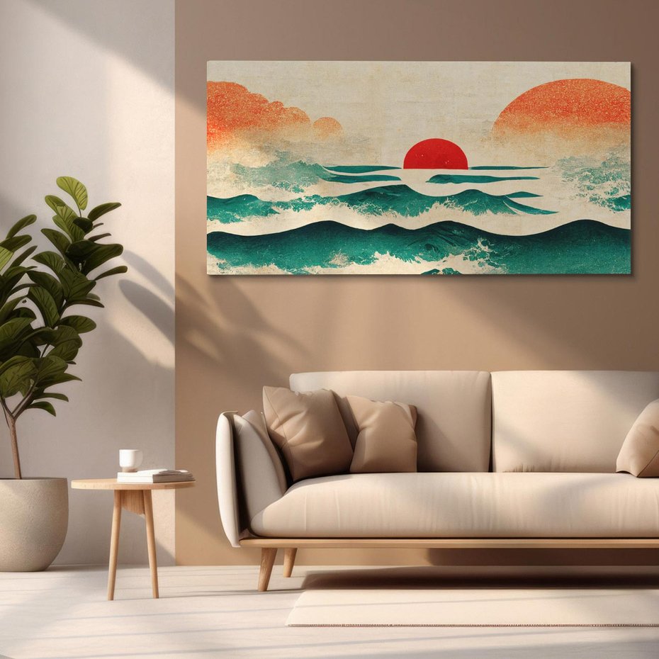 Obraz na płótnie 140x70 - Czerwone Melodie - japońska sztuka, zachód słońca nad oceanem