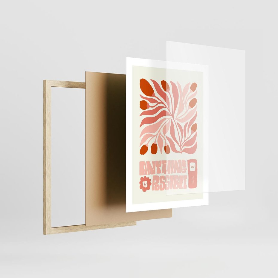 Plakat w ramie 50x70 - Migotliwa Euforia - kompozycja w łososiowym kolorze, kwiaty - rama drewno