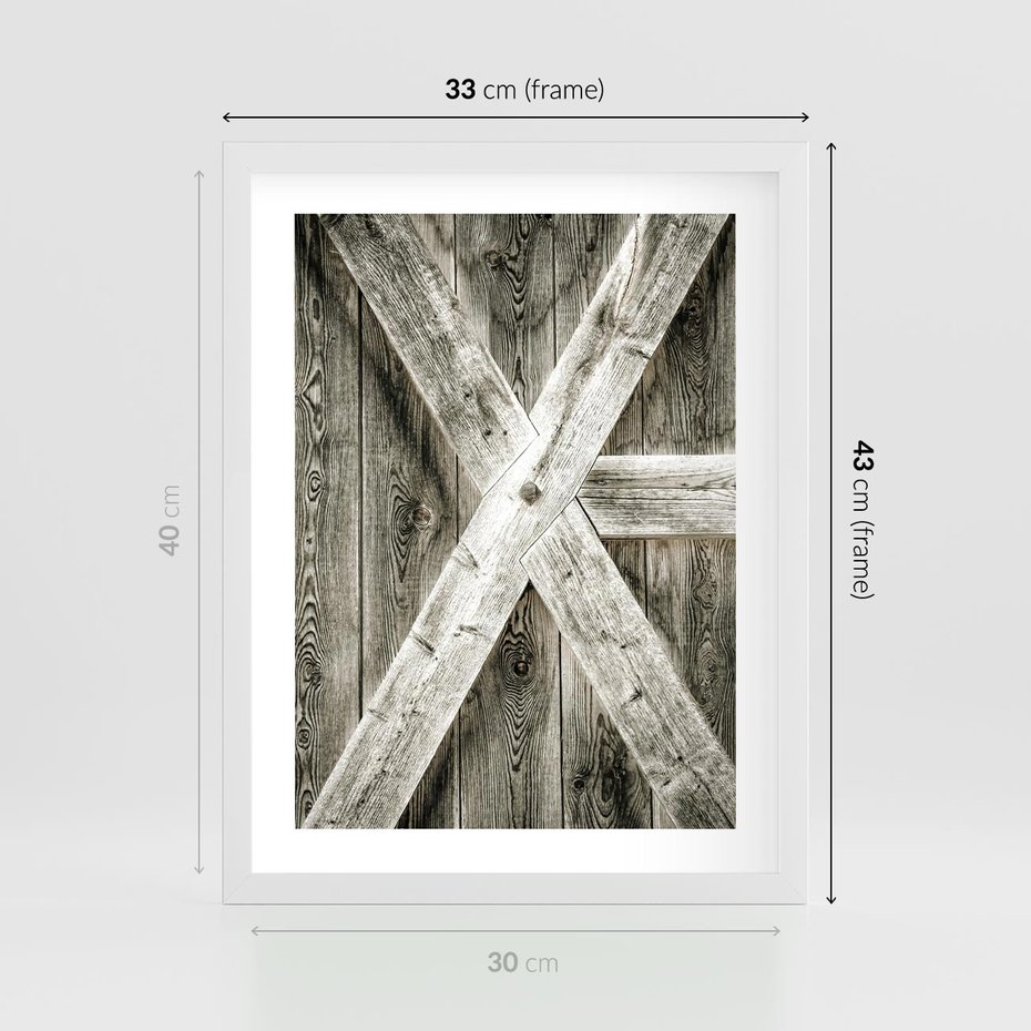 Plakat w ramie 30x40 - Drewniane Drzwi do Stodoły - stare drzwi do stodoły, drewniane - rama biała