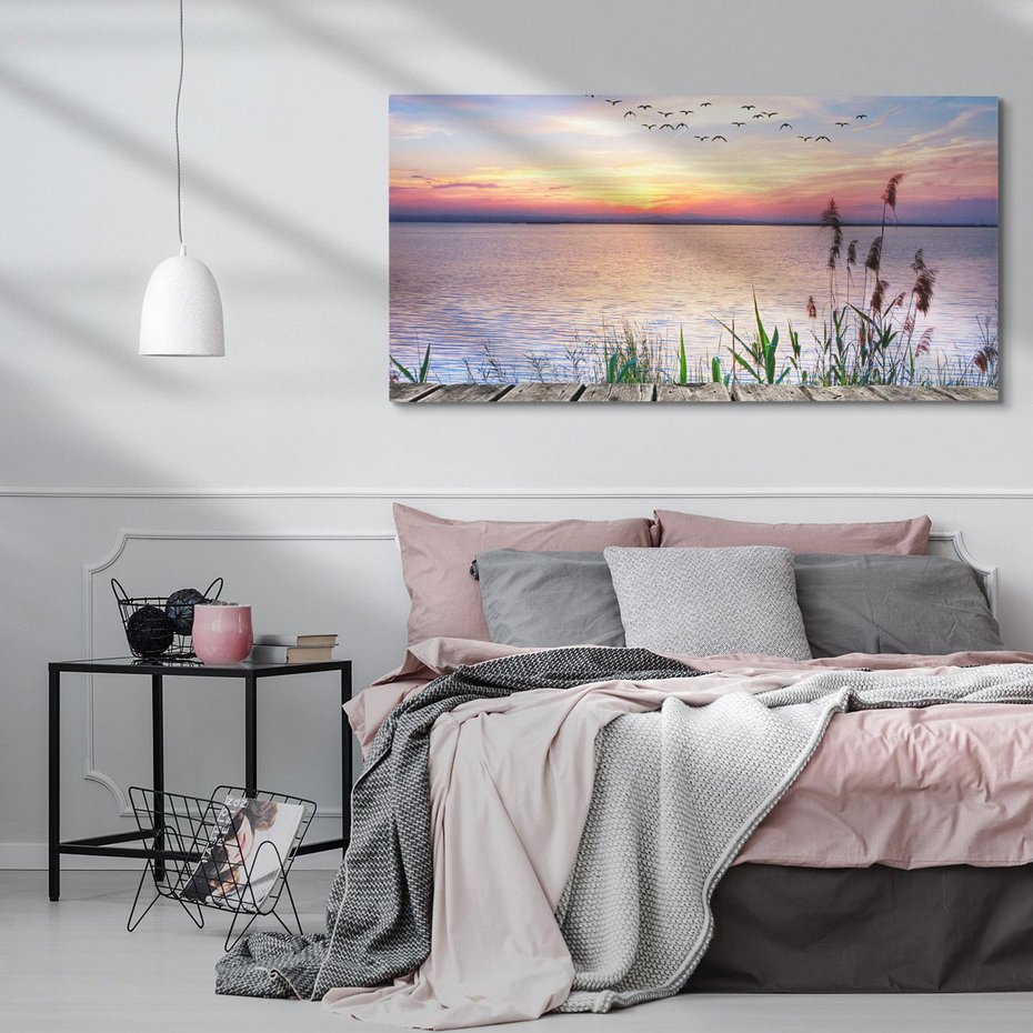 Obraz na płótnie 120x60 - Romantyczny zachód słońca nad morzem z ptakami - zachód, słońca