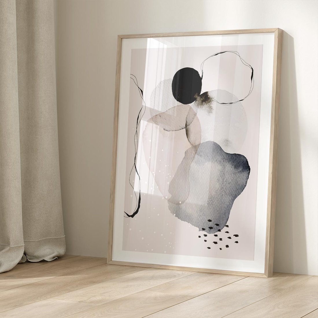 Plakat w ramie 30x40 - Migocące Barwy - abstrakcyjne plamy akwarelowe, czarny szkic - rama drewno