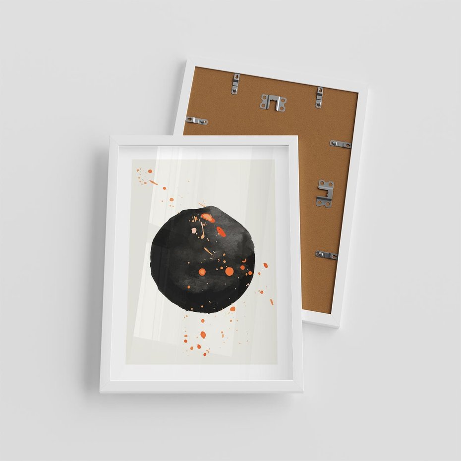Plakat w ramie 30x40 - Wnętrza Marzeń - abstrakcyjna czarna plama, rozsiane pomarańczowe kropki - rama biała