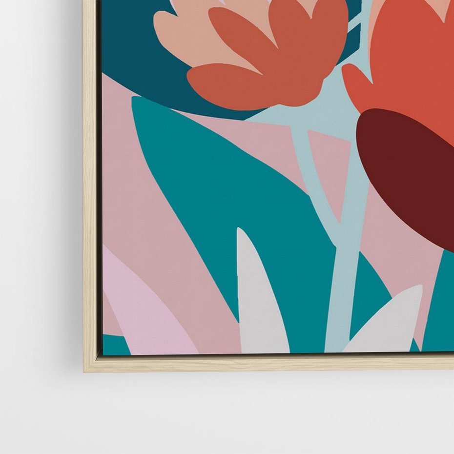 Obraz w ramie 80x80 - Symfonia Kwiatów - abstrakcyjna kompozycja kwiatowych form, kolor zgaszone - rama drewno