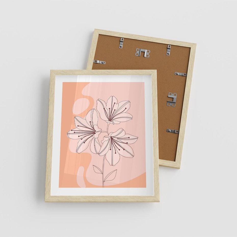 Plakat w ramie 40x50 - Kwiatowa Harmonia - minimalistyczny plakat, pudrowe kwiaty - rama drewno