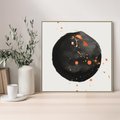 Obraz w ramie 50x50 - Wnętrza Marzeń - abstrakcyjna czarna plama, rozsiane pomarańczowe kropki - rama drewno