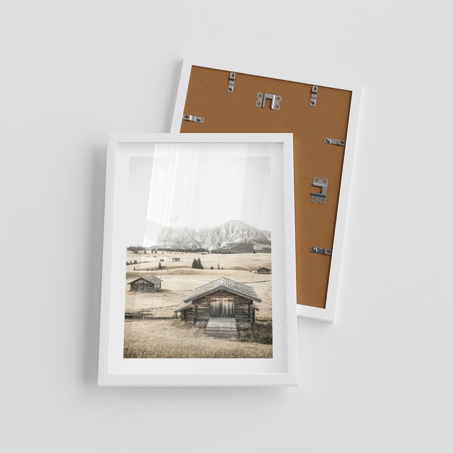 Plakat w ramie 30x40 - Chatka w Górskiej Sepii - domek w górach, chatka - rama biała
