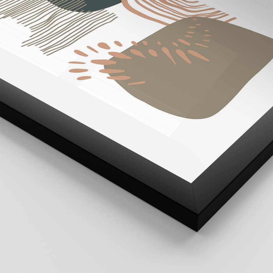 Plakat w ramie 50x70 - Taniec Plam - abstrakcyjna kompozycja z kropek kresek i kółek, odcienie brązu i beżu - rama czarna