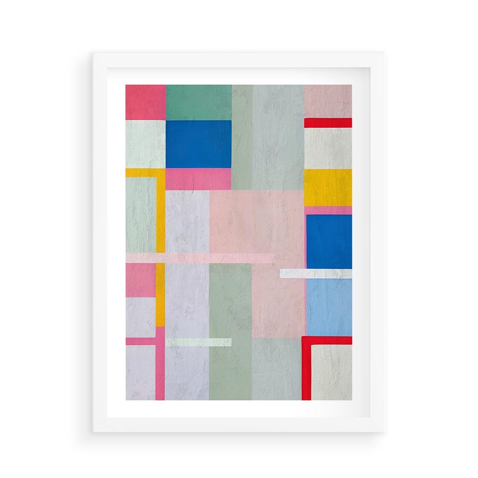 Plakat w ramie 50x70 - Rozbijające Granice Wyobraźni - abstrakcyjne geometryczne kształty, olejny obraz - rama biała