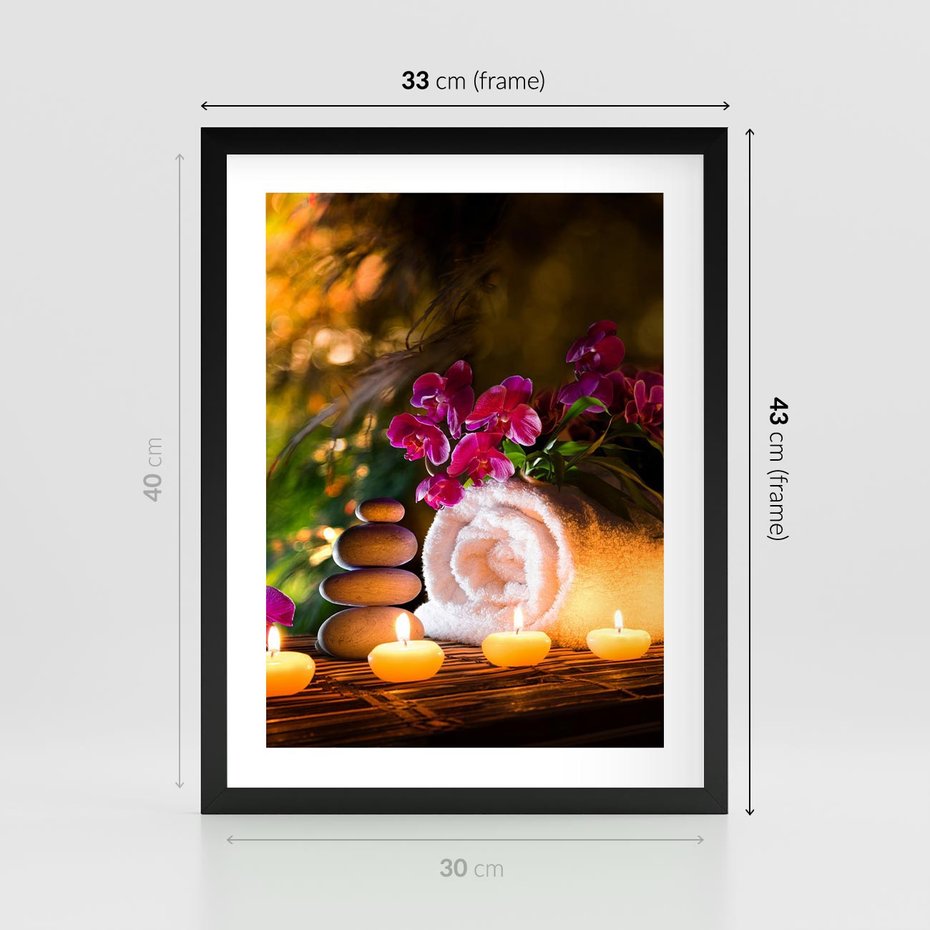 Plakat w ramie 30x40 - Relaksujące spa z płonącymi świecami - spa, świece - rama czarna
