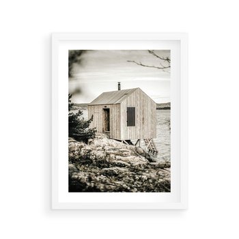 Plakat w ramie 50x70 - Nostalgiczna Oaza - rustykalny domek, domek nad jeziorem - rama biała