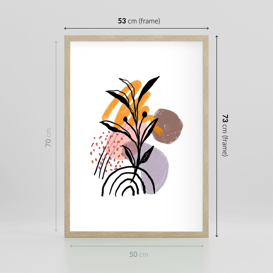 Plakat w ramie 50x70 - Migocące Bezgraniczności - abstrakcyjna sztuka, liść monstery - rama drewno