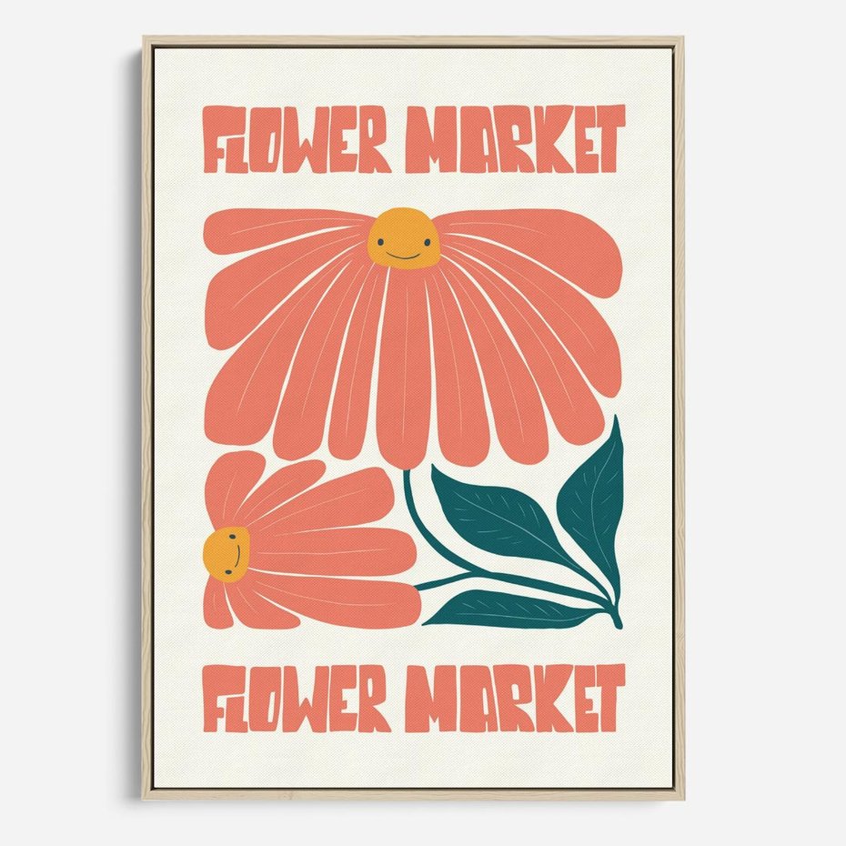 Obraz w ramie 80x120 - Grafika Pełna Radości - wesoła grafika, uśmiechnięte kwiaty - rama drewno