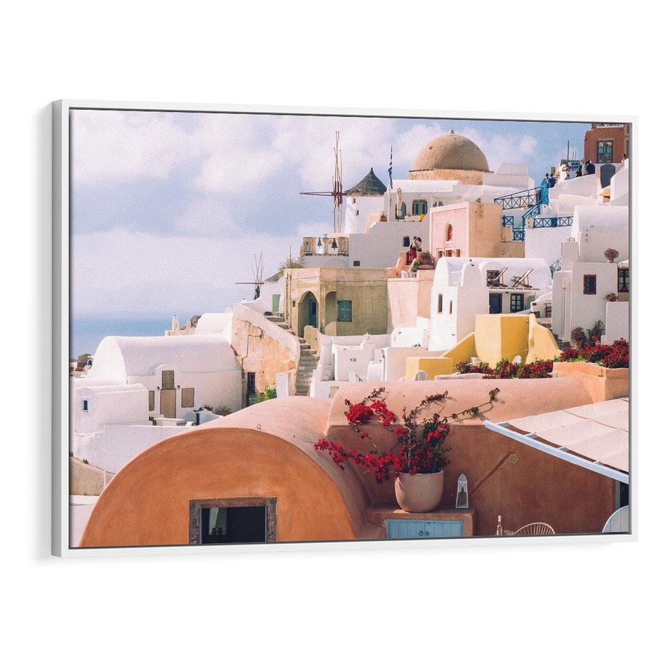 Obraz w ramie 120x80 - Błękit Morza i Białe Domki - Santorini, wyspa - rama biała