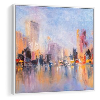 Obraz w ramie 50x50 - Miasto Refleksji - olejna panorama miasta w oddali, wiezowce odbijają się w rzece - rama biała