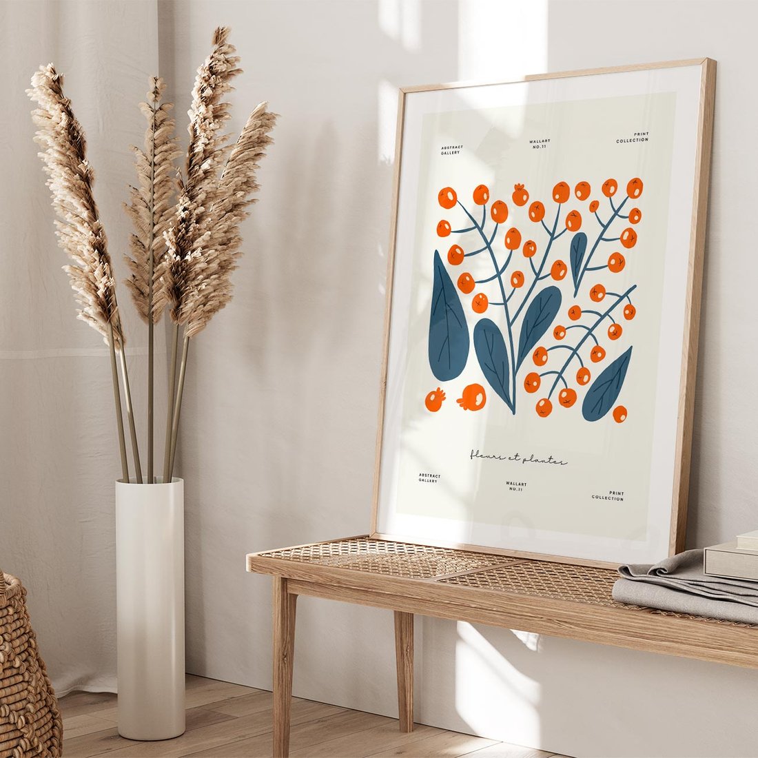 Plakat w ramie 30x40 - Minimalistyczna Uroda Jarzębin - jarzębiny, niebieskie liście - rama drewno