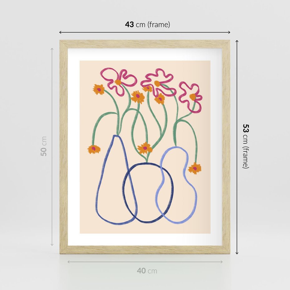 Plakat w ramie 40x50 - Migocące Pastelowe Impresje - minimalistyczny abstrakcyjny obraz, prymitywne kwiatki - rama drewno