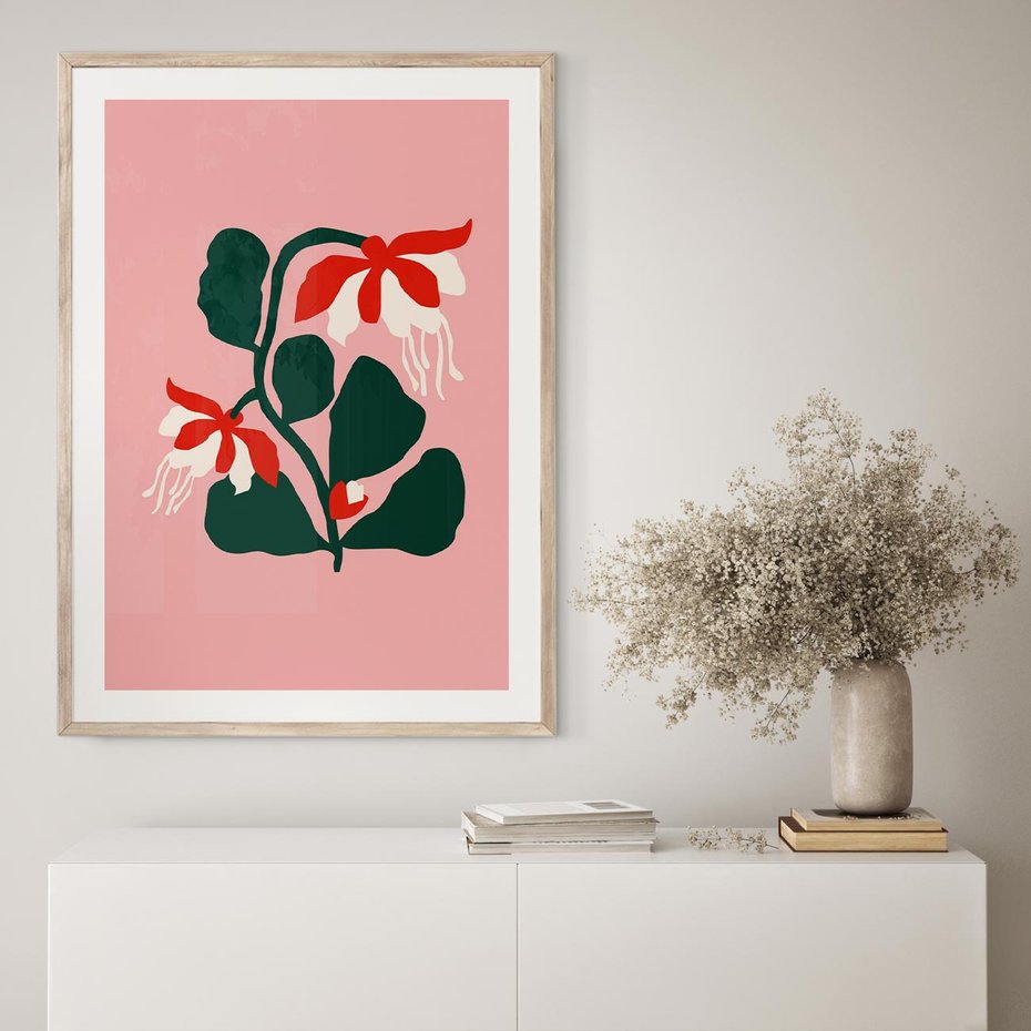 Plakat w ramie 30x40 - Migotliwa Kreatywność - abstrakcyjne kwiaty, różowe tło - rama drewno