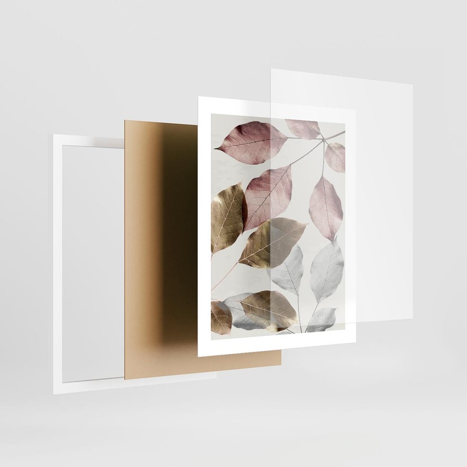 Plakat w ramie 40x50 - Pastelowe Liście z Nutką Złota - liście, pastelowe kolory - rama biała