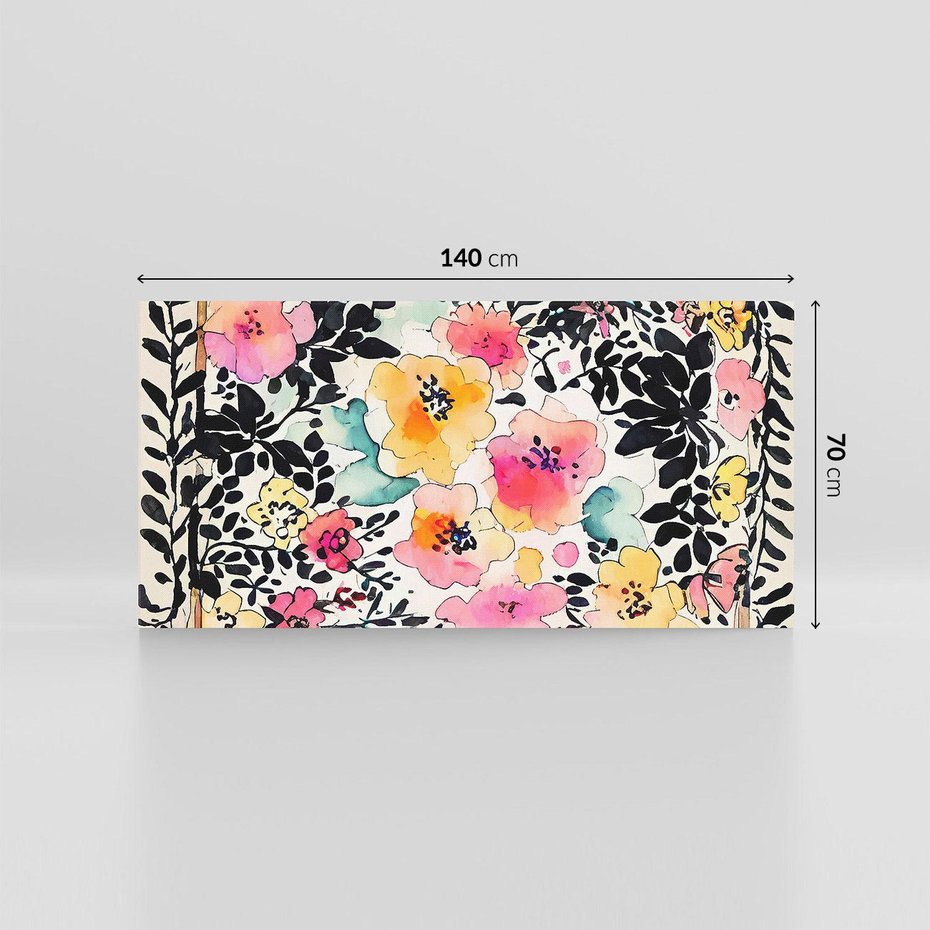 Obraz na płótnie 140x70 - Opowieść w kroplach farb - akwarelowe kwiaty, mocna ornamentowa czarna ramka namalowana dookoła obrazu