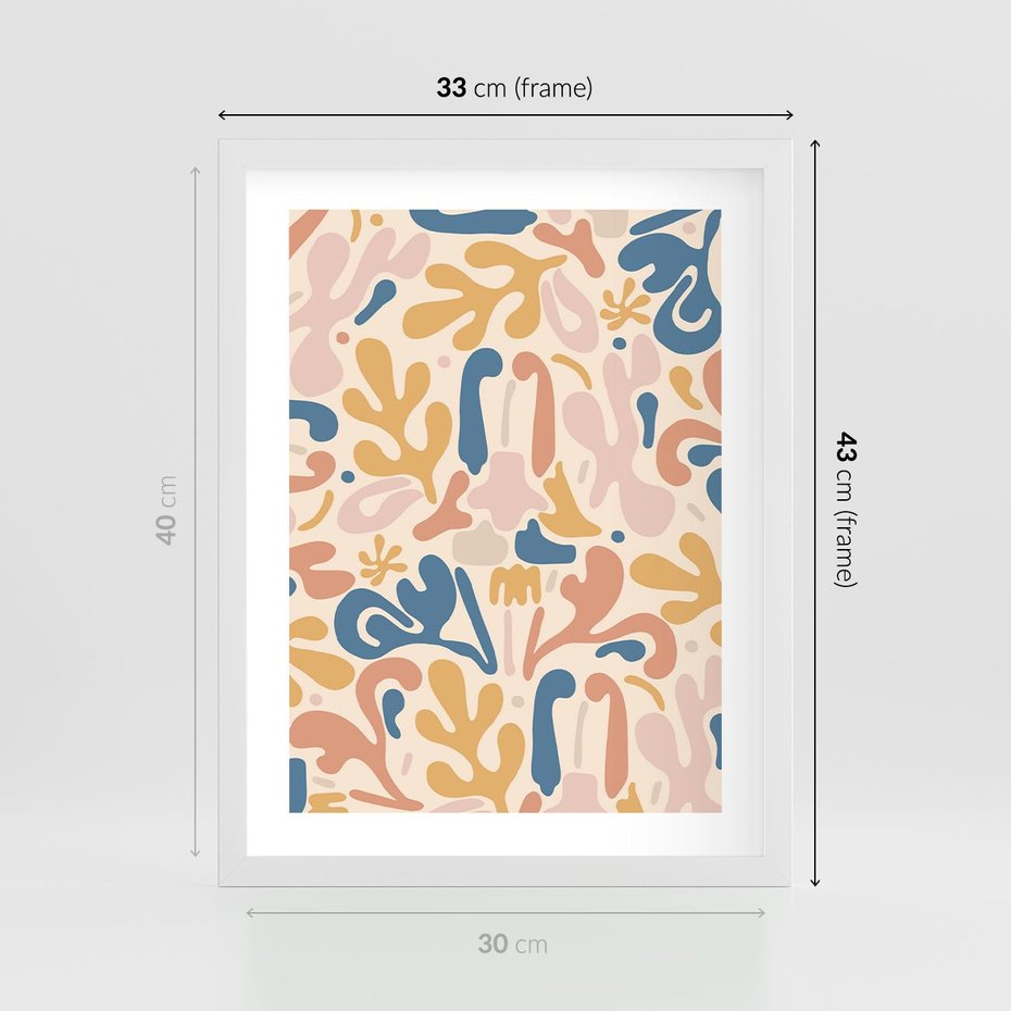 Plakat w ramie 30x40 - Symfonia Radosnych Barw - abstrakcyjne pastelowe formy, nowoczesna grafika w stylu boho - rama biała