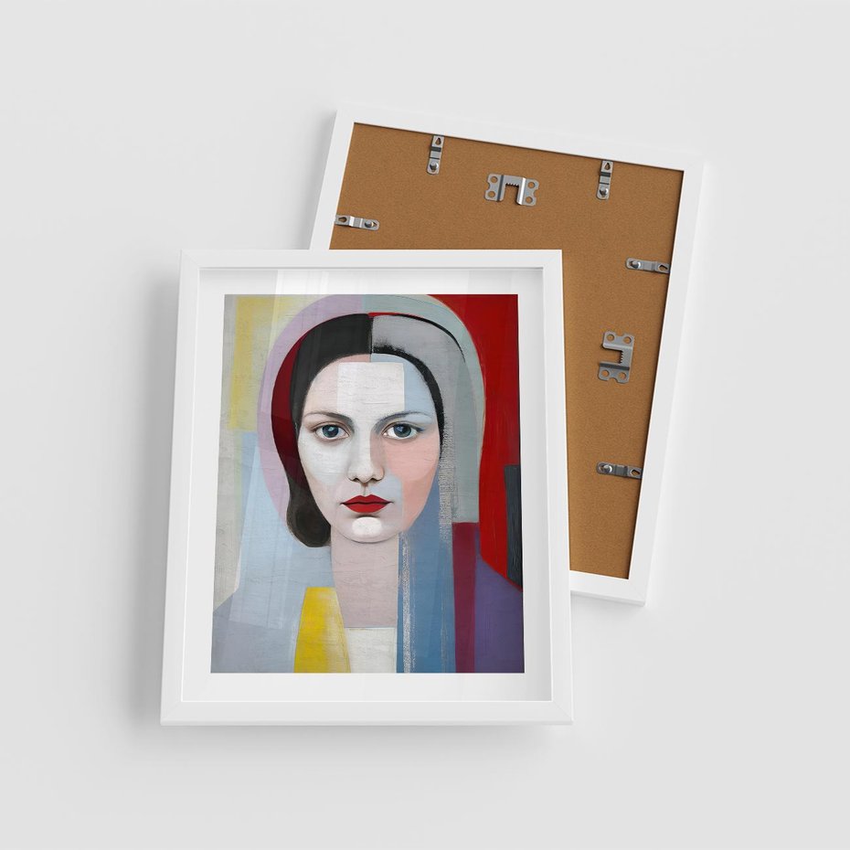 Plakat w ramie 40x50 - Kolorowe Granice Form - abstrakcyjny obraz olejny, portret twarzy kobiety - rama biała
