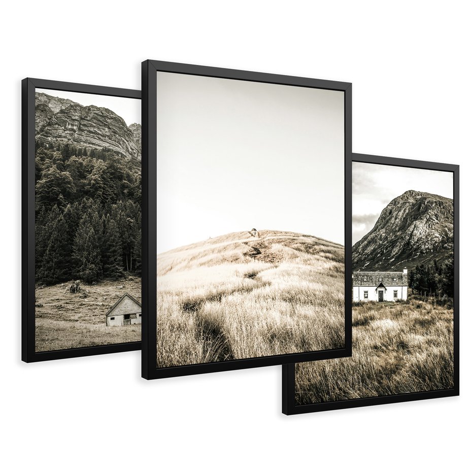 Zestaw obrazy w ramie 40x50 galeria - Górskie, domki, łąki, sepia - rama czarna