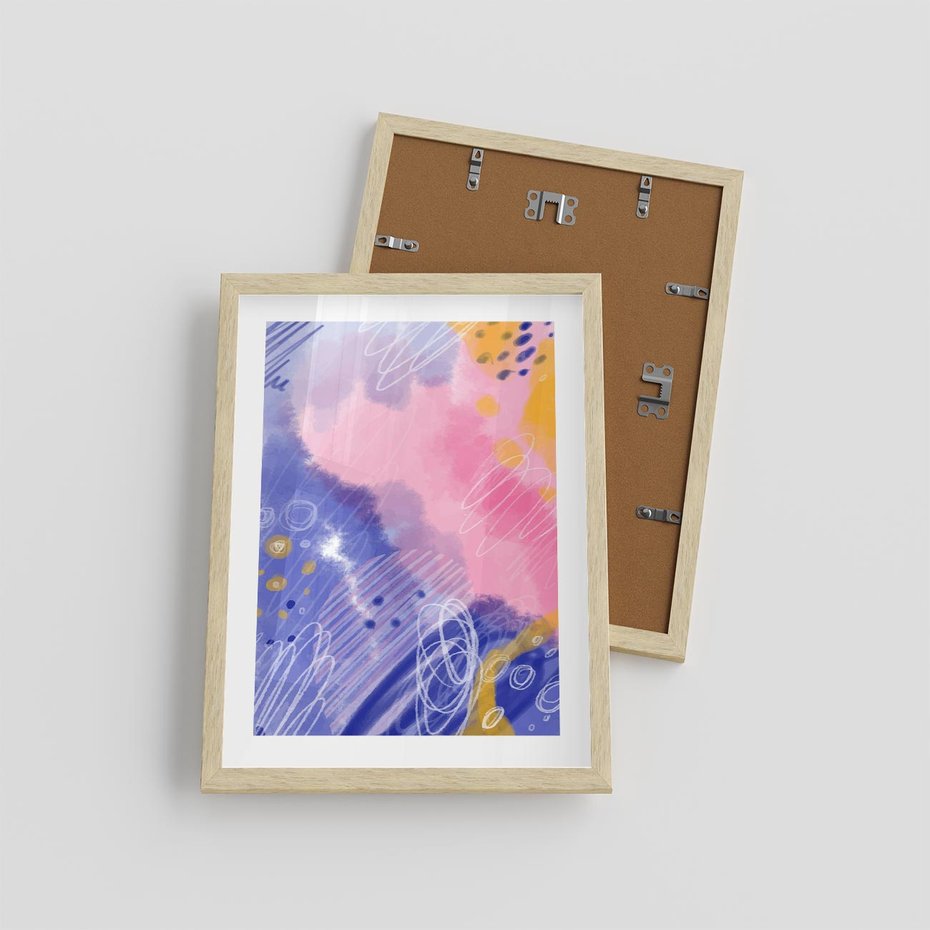 Plakat w ramie 30x40 - Migocące Granice Kształtów - abstrakcyjny plakat, pastelowe kolory - rama drewno