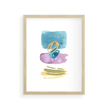Plakat w ramie 50x70 - Taniec Akwarelowych Kresek - akwarelowe plamy w odcieniach błękitu, złote kreski - rama drewno