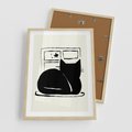 Plakat w ramie 50x70 - Czarny Kot: Prosta Elegancja - grafika, minimalizm - rama drewno