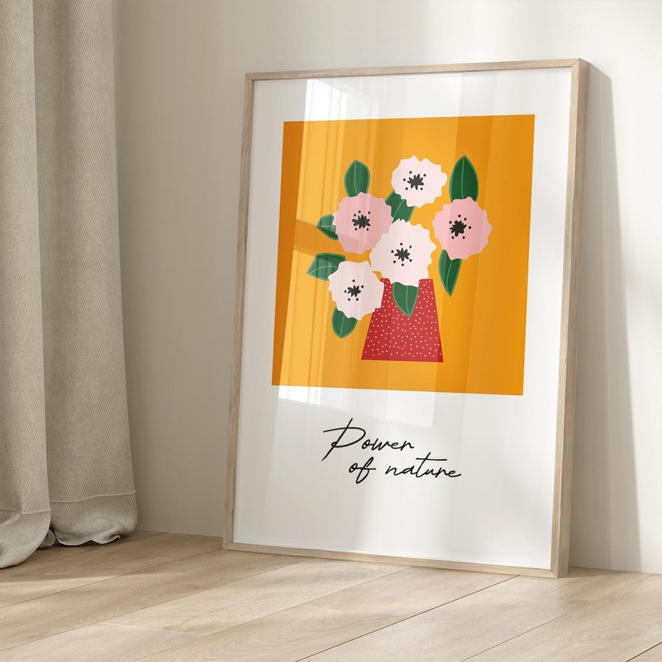 Plakat w ramie 40x50 - Abstrakcyjna Kreska - kwiaty w wazonie, abstrakcja - rama drewno