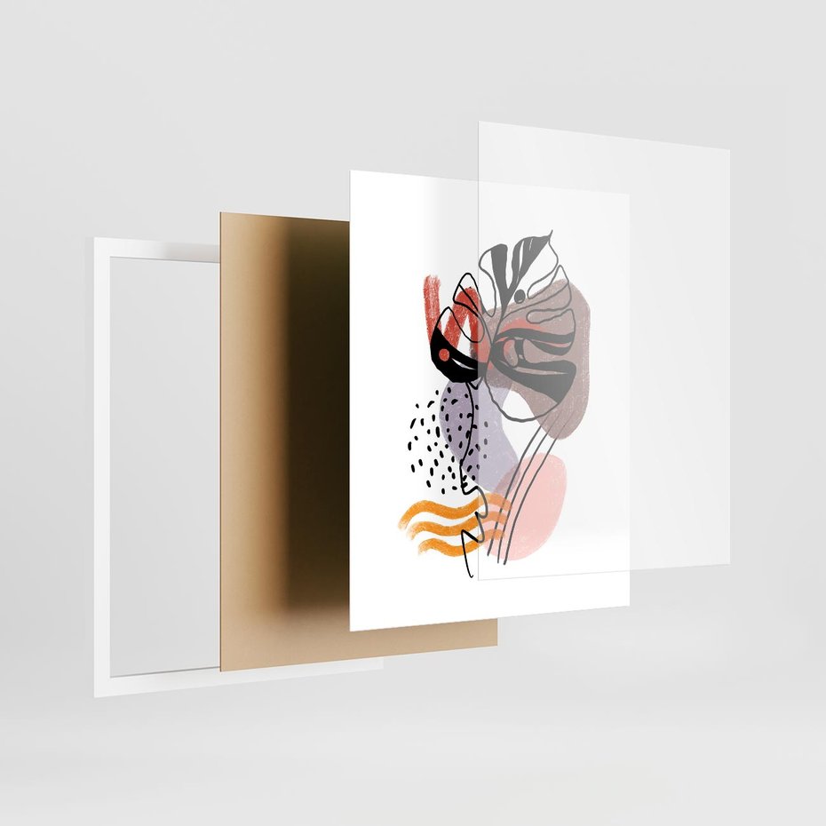 Plakat w ramie 40x50 - Wibracje Abstrakcyjnych Form - abstrakcyjna sztuka, liść monstery - rama biała