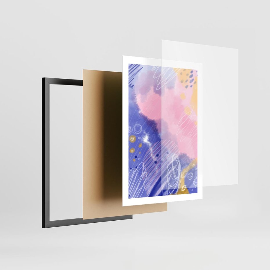Plakat w ramie 50x70 - Migocące Granice Kształtów - abstrakcyjny plakat, pastelowe kolory - rama czarna