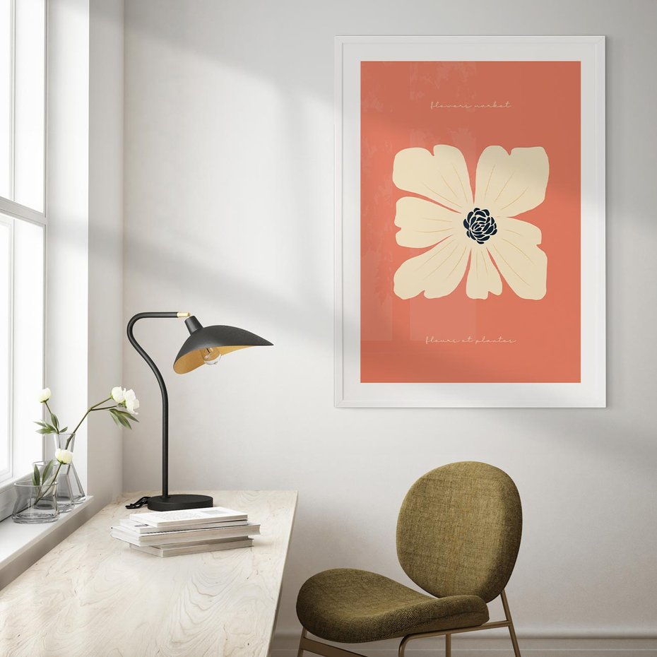 Plakat bez ramy 21x30 - Malowane Kolorowe Echa - minimalistyczna grafika, biały kwiat na różowym tle