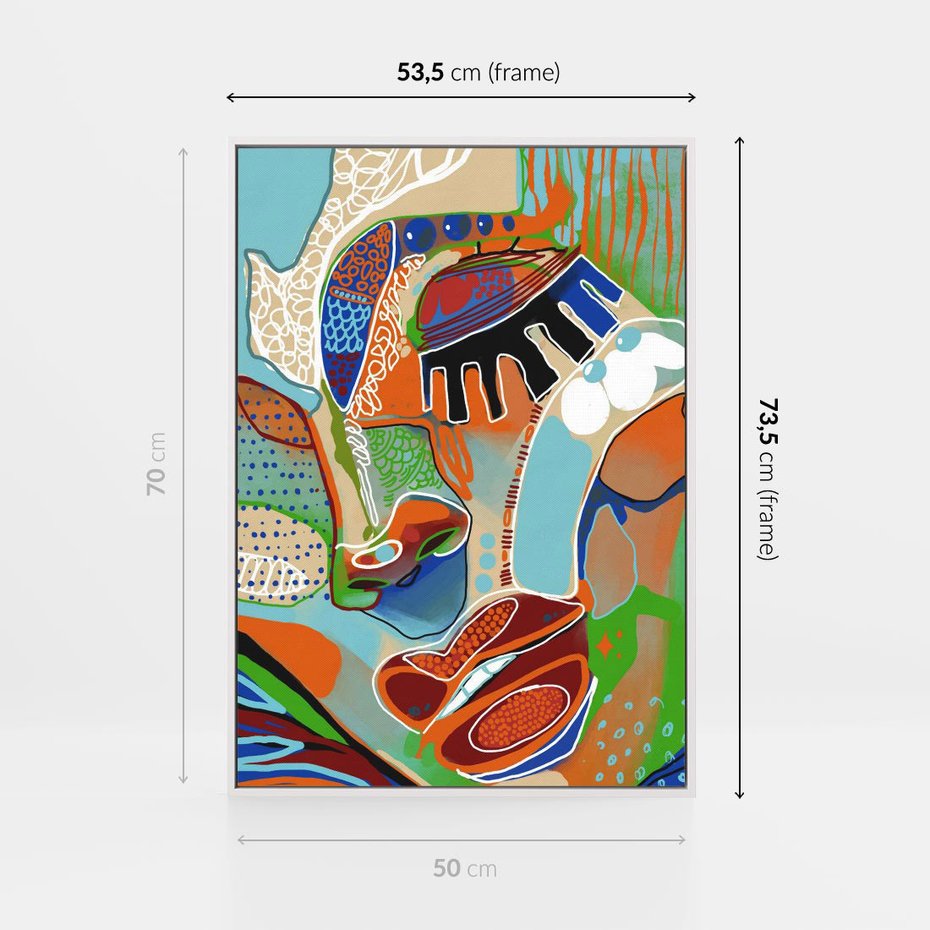 Obraz w ramie 50x70 - Wibracje Kształtów - abstrakcyjny portret kobiety, twarz - rama biała