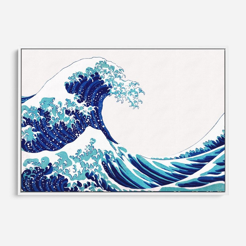 Obraz w ramie 100x70 - Fala Japandi - wielka fala w Kaganawie, obraz Hokusai - rama biała