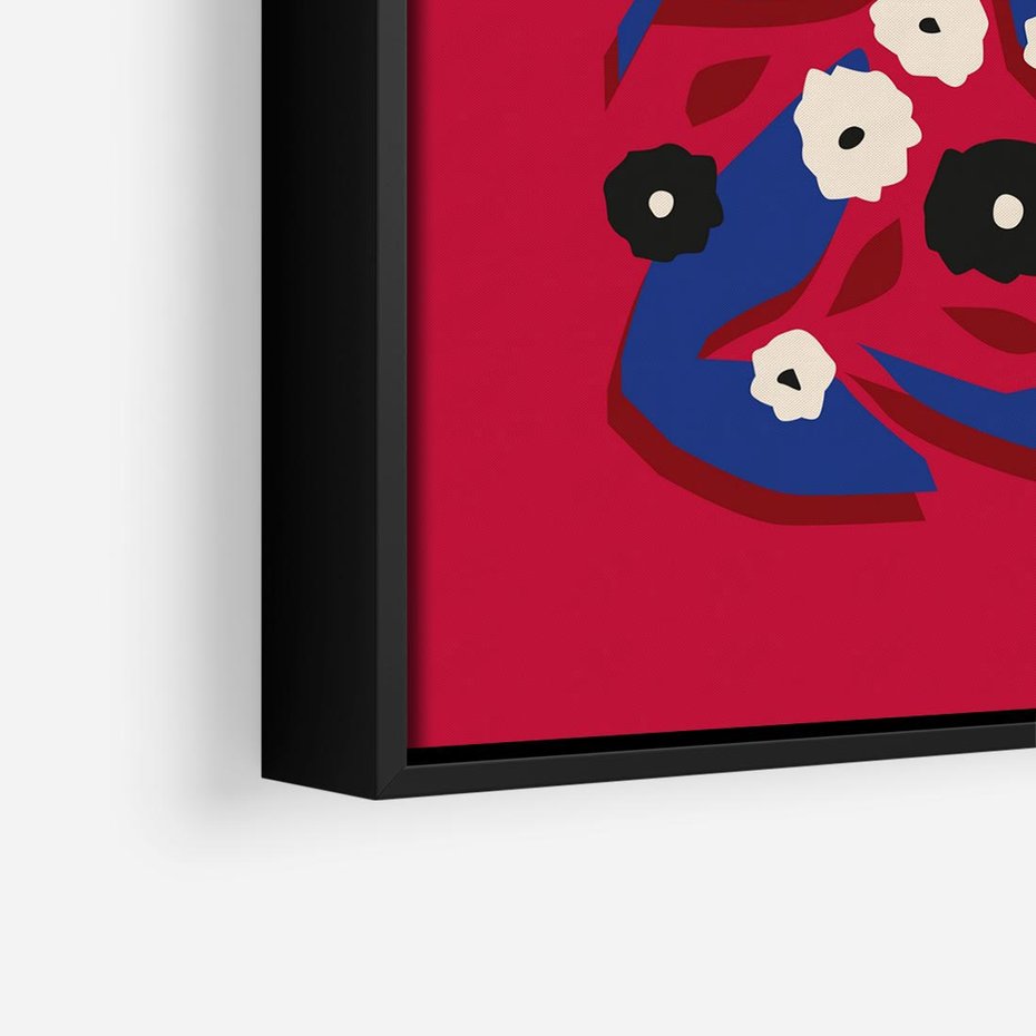 Obraz w ramie 50x50 - Kolorowe Przenikanie - abstrakcyjna kwiatowa kompozycja, czerwone mocne tło - rama czarna
