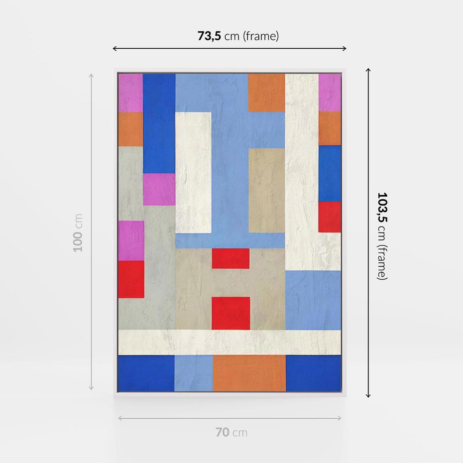 Obraz w ramie 70x100 - Bezczasowe Przenikanie Kształtów - abstrakcyjne geometryczne kształty, olejny obraz - rama biała