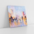 Obraz na płótnie 60x60 - Miasto Refleksji - olejna panorama miasta w oddali, wiezowce odbijają się w rzece