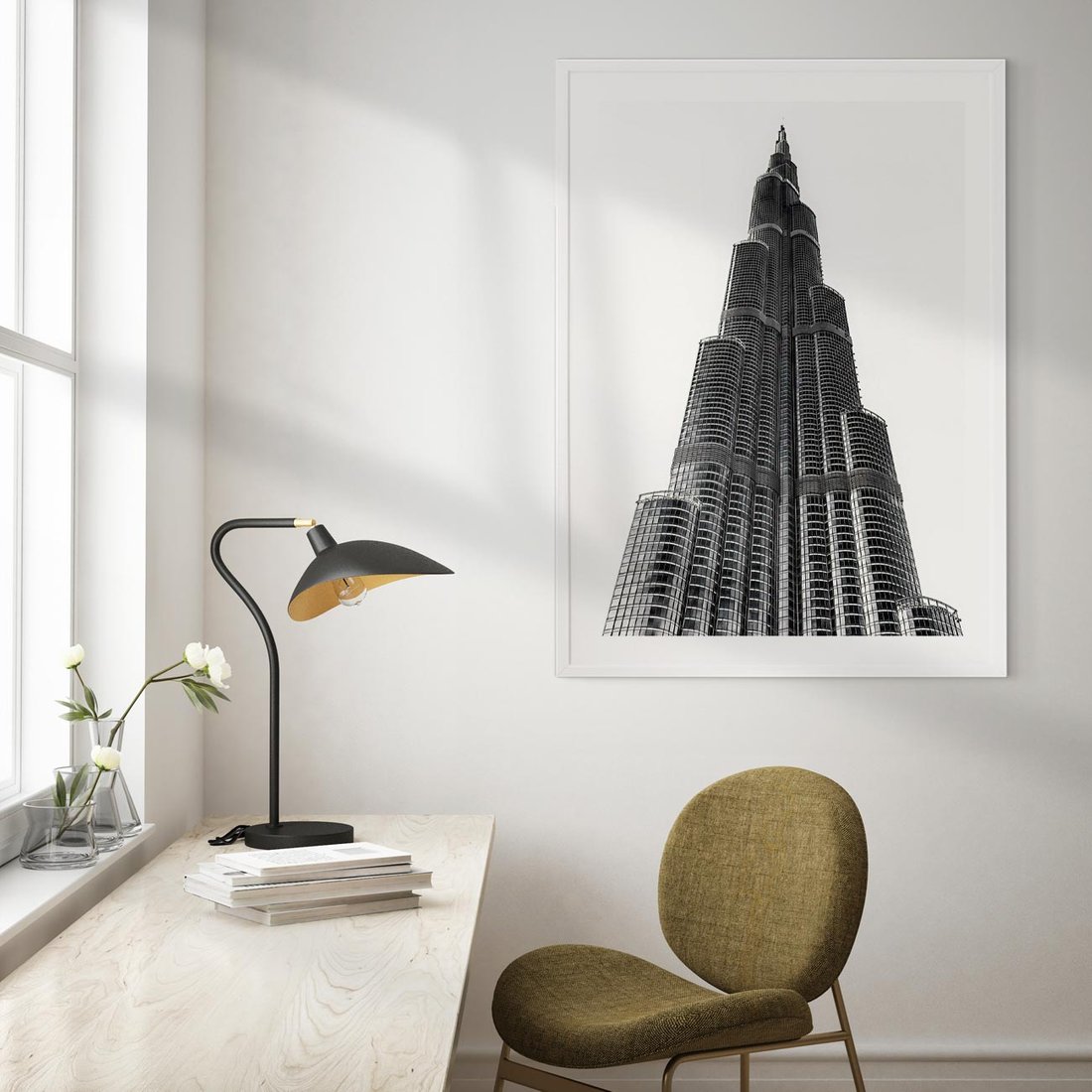 Plakat w ramie 50x70 - Wieżowiec w Monochromii - wieżowiec, architektura - rama biała